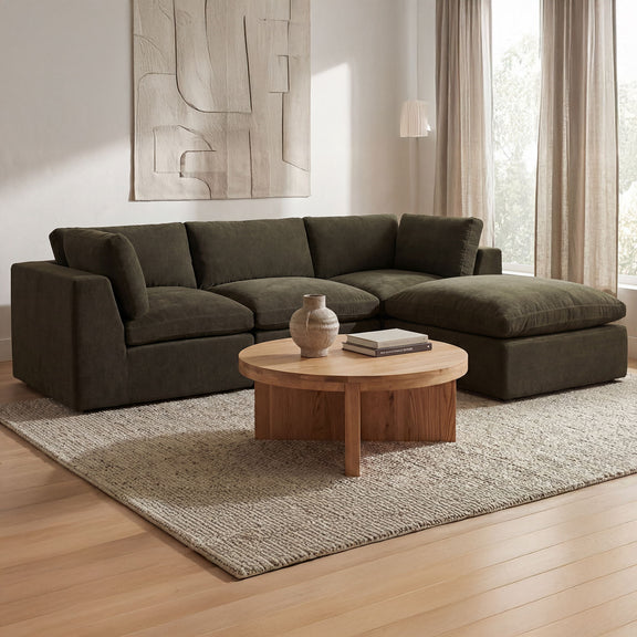 Dark green modular sectional sofa with chaise, squared arms, plush seat cushions
