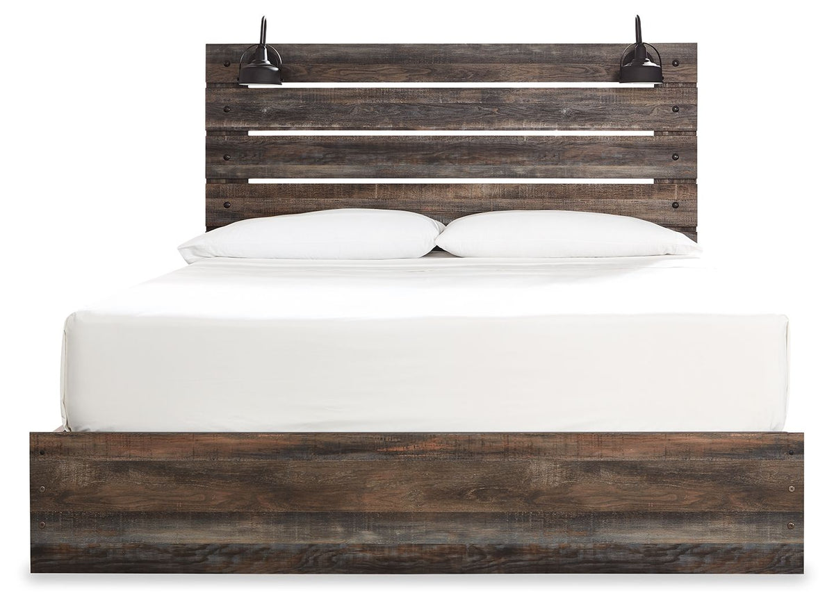 Drystan panel bed front view with dark wood slatted headboard and low platform base
