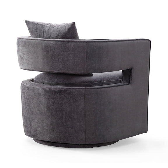Gray swivel chair with back pillow, rounded arms, and cushioned seat