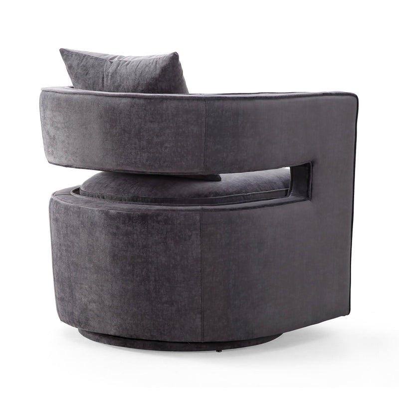 Gray swivel chair with back pillow, rounded arms, and cushioned seat