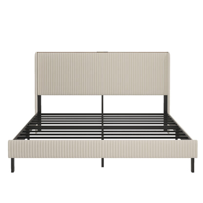 Beige ribbed platform bed with black metal legs and slatted frame, headboard included