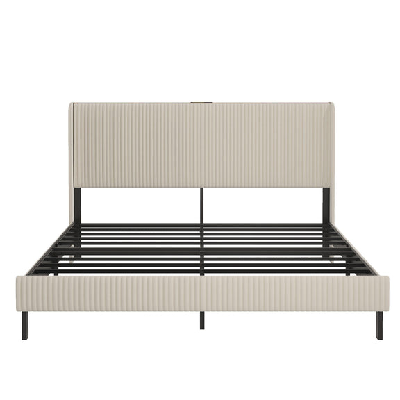 Beige ribbed platform bed with black metal legs and slatted frame, headboard included