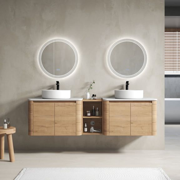 Wall-mounted bathroom vanity with two white vessel sinks, open shelf, and wood cabinet