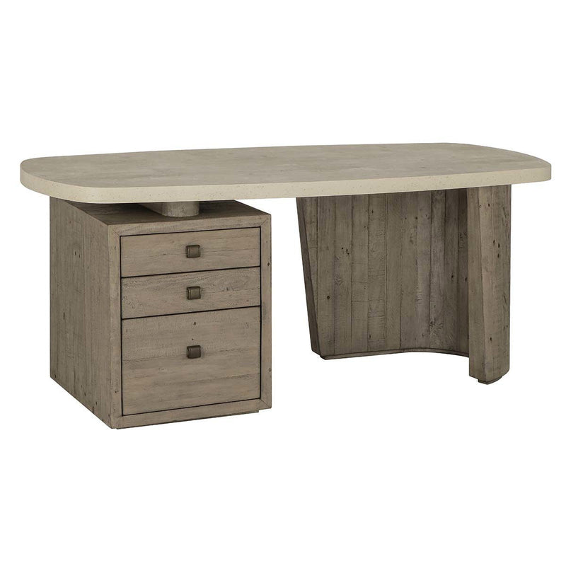 Distressed gray solid wood desk with three-drawer cabinet, curved tabletop and corner detailing