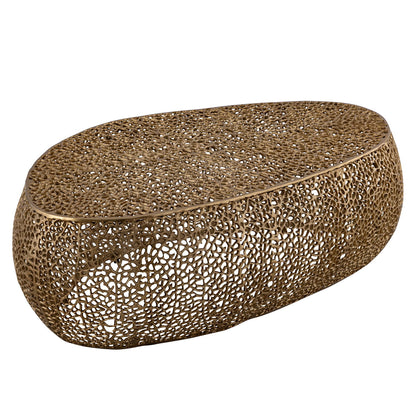 Gold oval coffee table with openwork speckled mosaic pattern