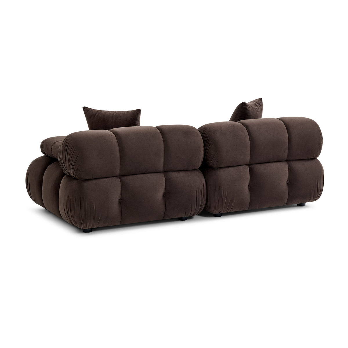 Deep brown modular loveseat section with rolled arms, segmented seat cushions, and two pillows