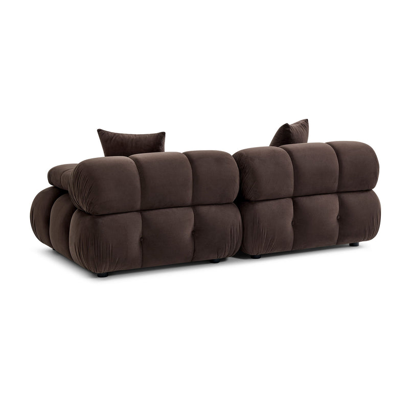 Deep brown modular loveseat section with rolled arms, segmented seat cushions, and two pillows
