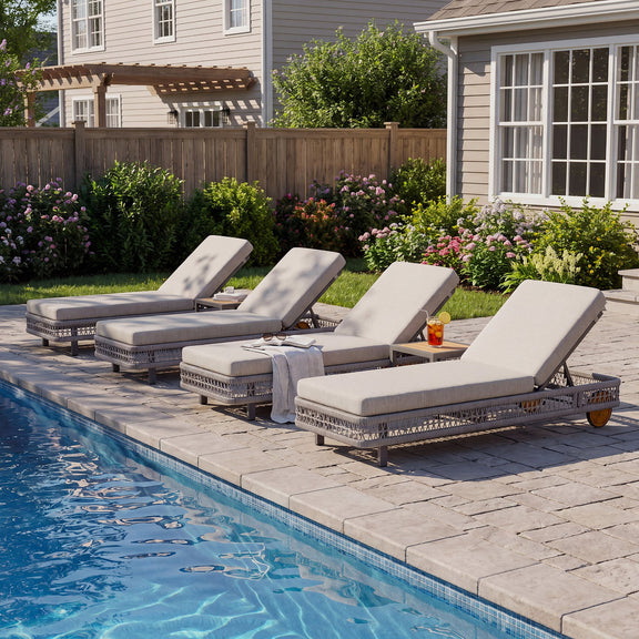 Two light gray outdoor chaise lounges with 5-position adjustable backrests and wheels