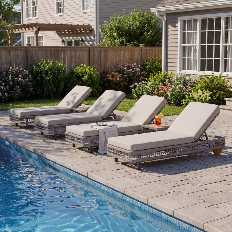 Two light gray outdoor chaise lounges with 5-position adjustable backrests and wheels
