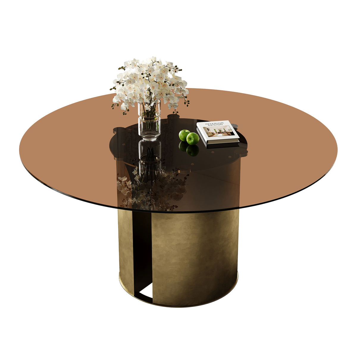 Round Dining Table With Glass Top, Kitchen And Living Room Furniture - Brown