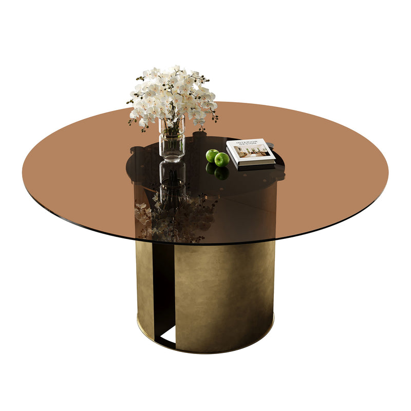 Round Dining Table With Glass Top, Kitchen And Living Room Furniture - Brown