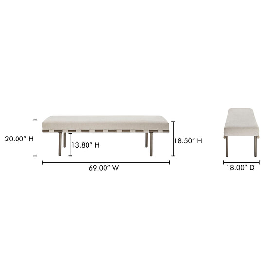 Beige upholstered dining bench with dark legs, shown with dimensions: 69 inches wide and 18 inches deep