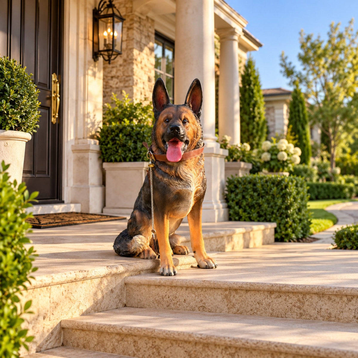 Sitting German Shepherd statue with a collar and leash, displayed on outdoor steps