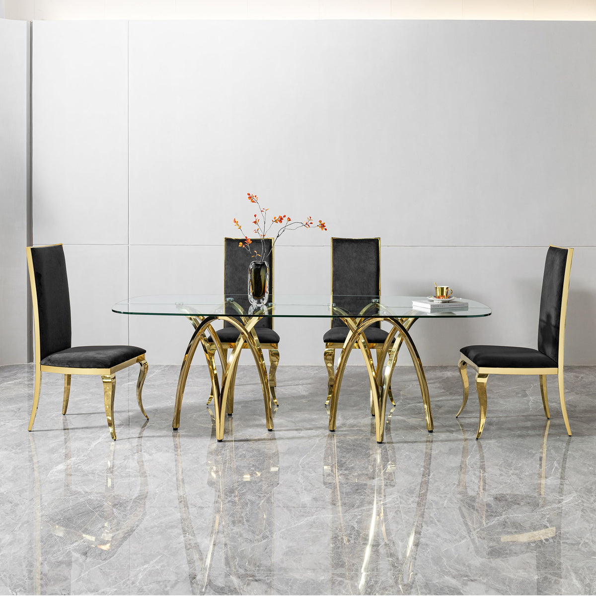 Tempered Glass Rectangular Dining Table With Stainless Steel Base - Gold