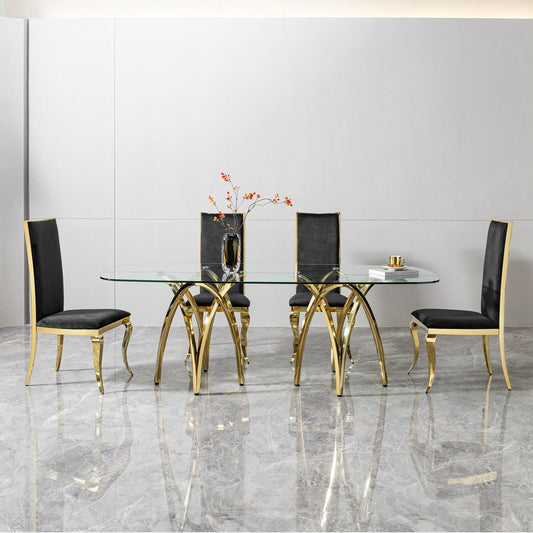 Tempered Glass Rectangular Dining Table With Stainless Steel Base - Gold
