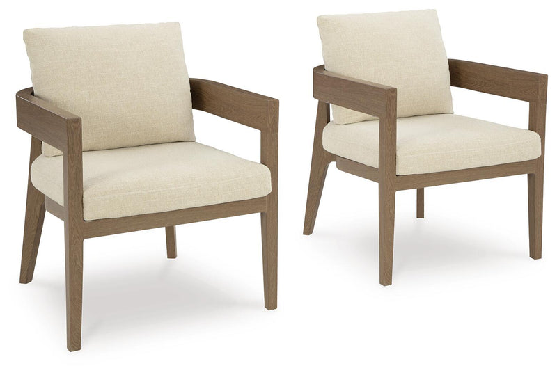 Dark brown arm chairs with beige cushions, set of 2