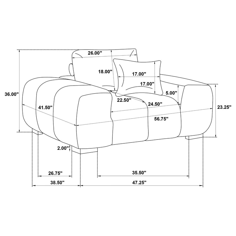 Track arm accent chair dimensions diagram with labeled measurements on outline
