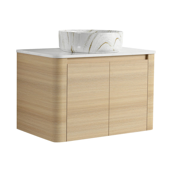 Light wood mounted bathroom vanity with white marble-pattern vessel sink and two cabinet doors