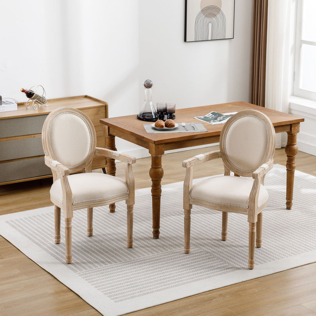 French Vintage Upholstered Fabric Dining Armchair (Set of 2)