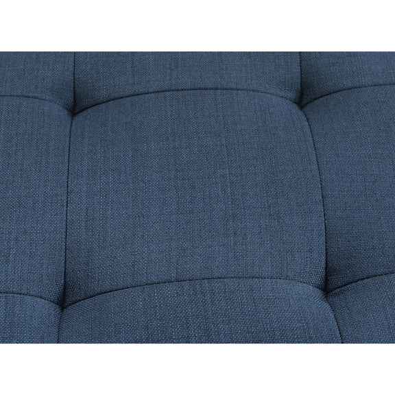 Close-up of blue upholstered loveseat back cushions with tufted trim and seams.