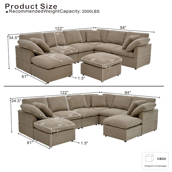 Light brown modular sectional and ottoman with dimension measurements