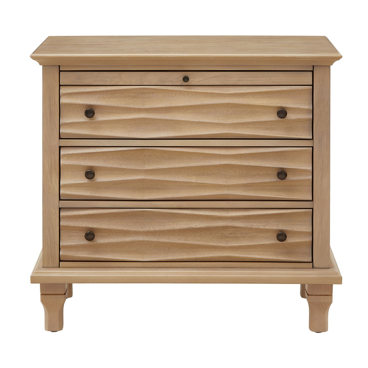 Light brown wooden nightstand with three sculpted drawers, dark knobs, and short legs