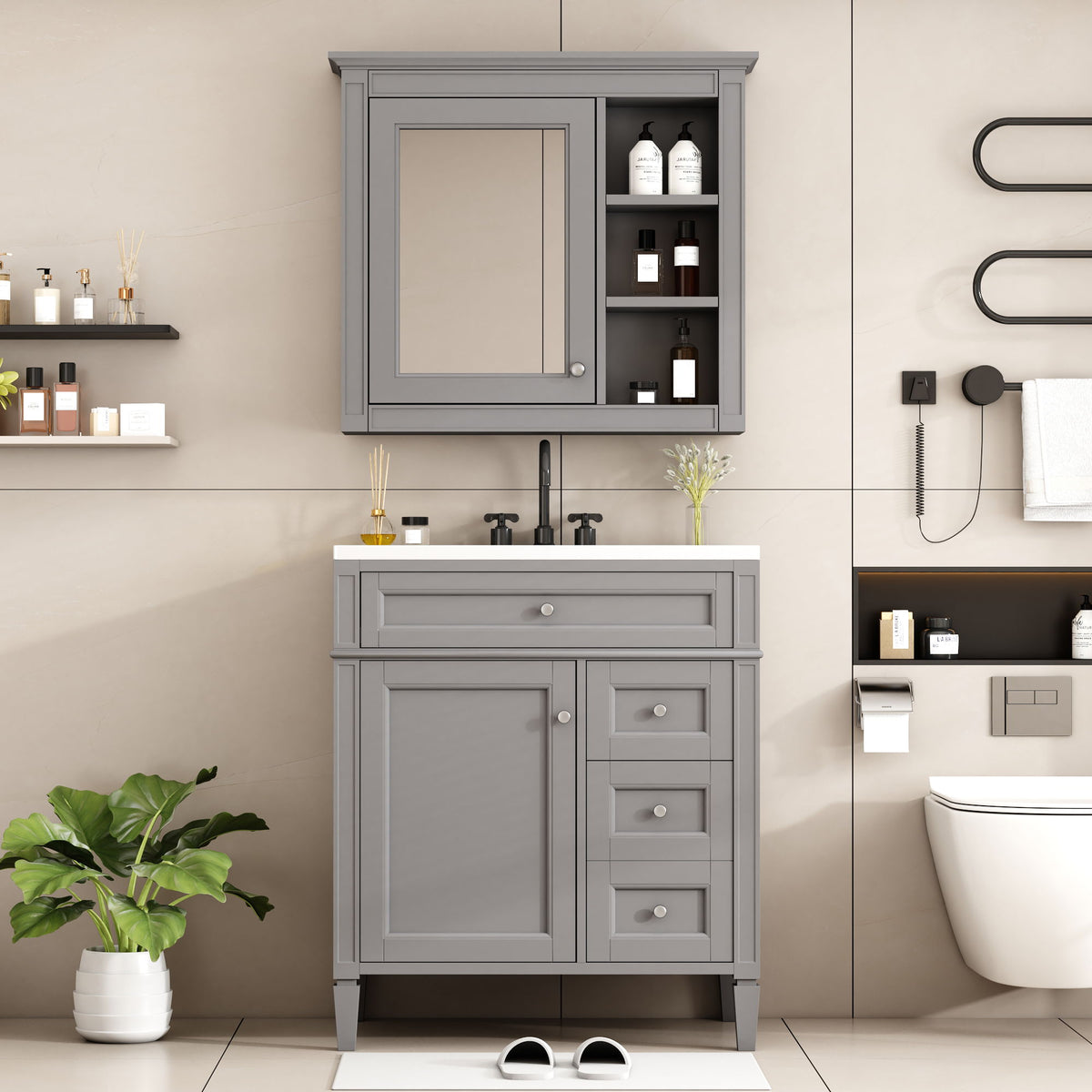 Bathroom Vanity With Top Sink, 2 Doors And 3 Drawers, Freestanding Set With Mirror Cabinet