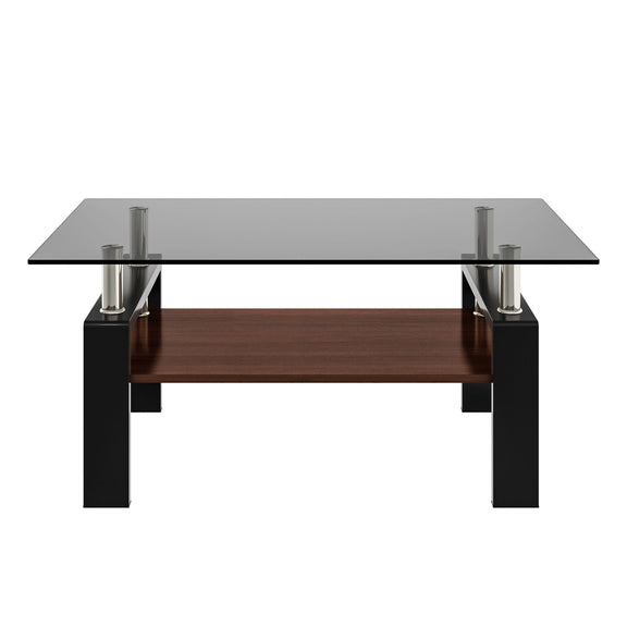 Rectangular coffee table with smoked gray glass top, dark legs, and storage shelf