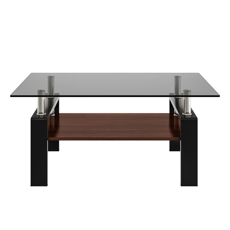 Rectangular coffee table with smoked gray glass top, dark legs, and storage shelf