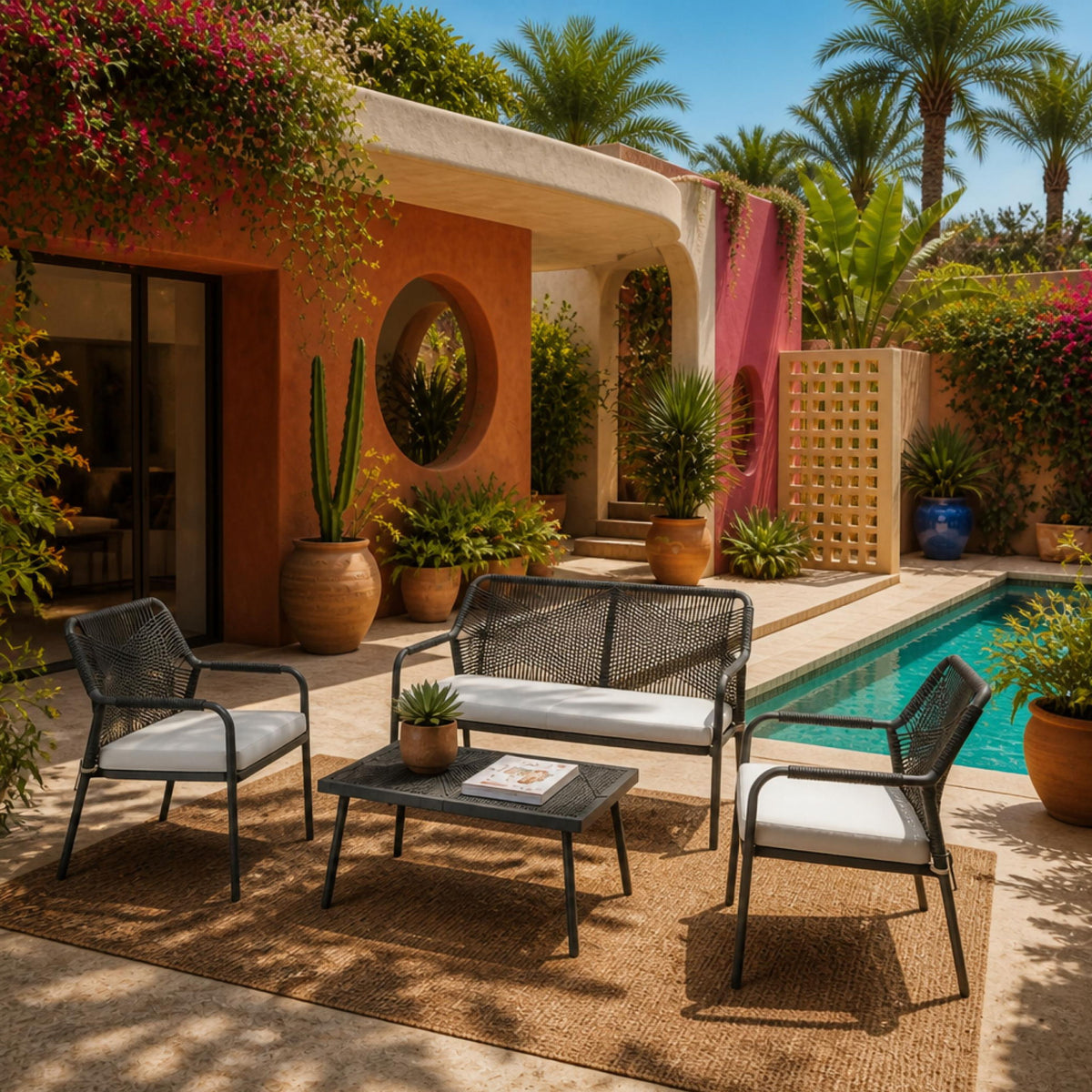 4-piece outdoor conversation set with dark armchairs, loveseat, and glass-top table