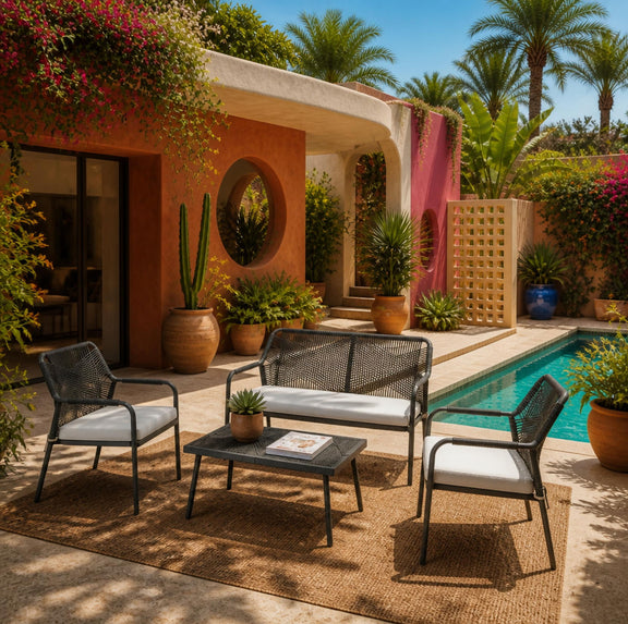 4-piece outdoor conversation set with dark armchairs, loveseat, and glass-top table
