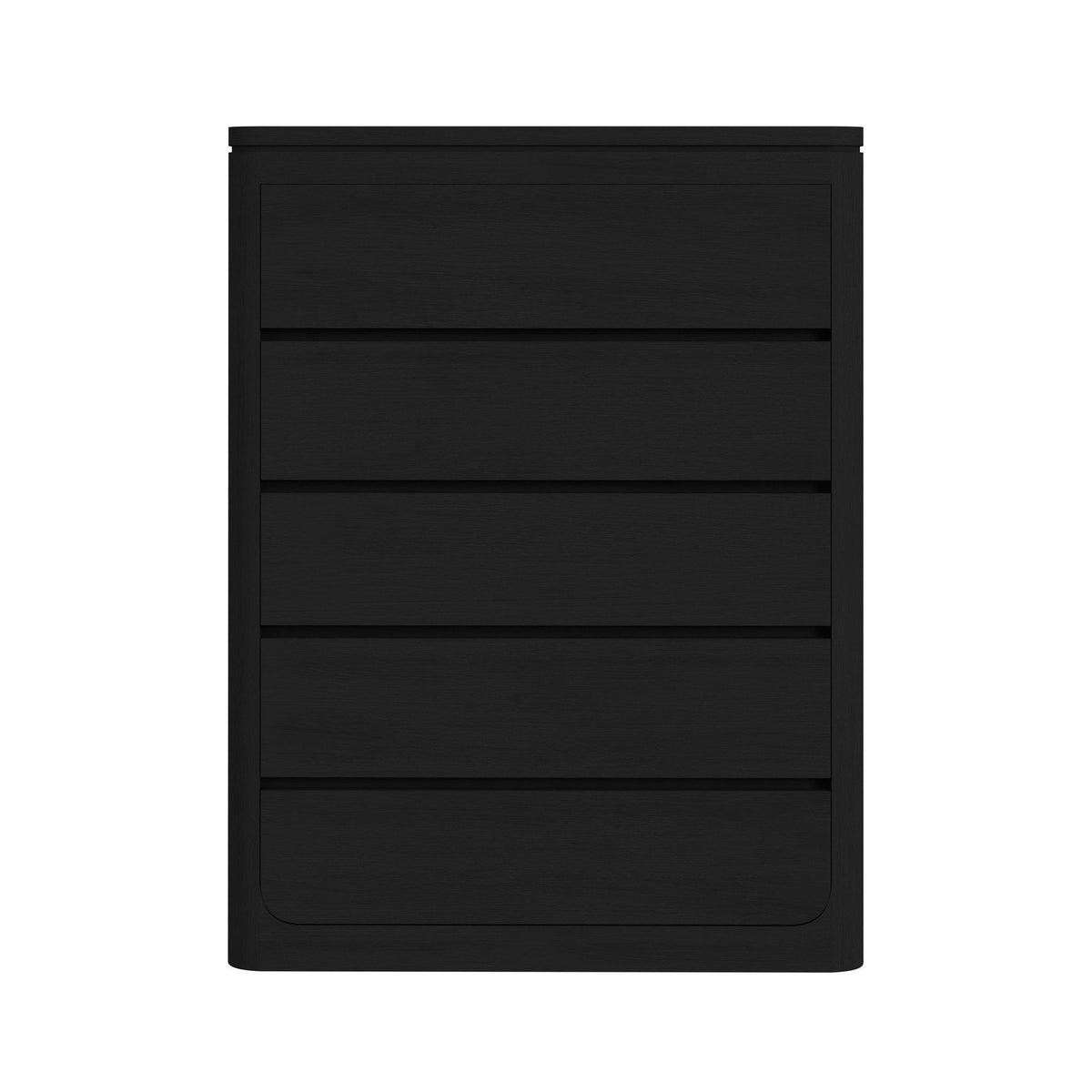 Rosalie accent chest in black, with four drawers and a rounded lower panel.