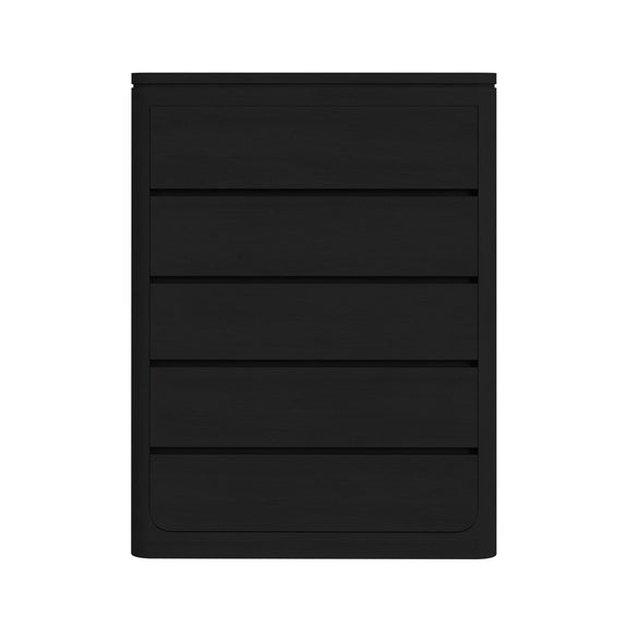 Rosalie accent chest in black, with four drawers and a rounded lower panel.