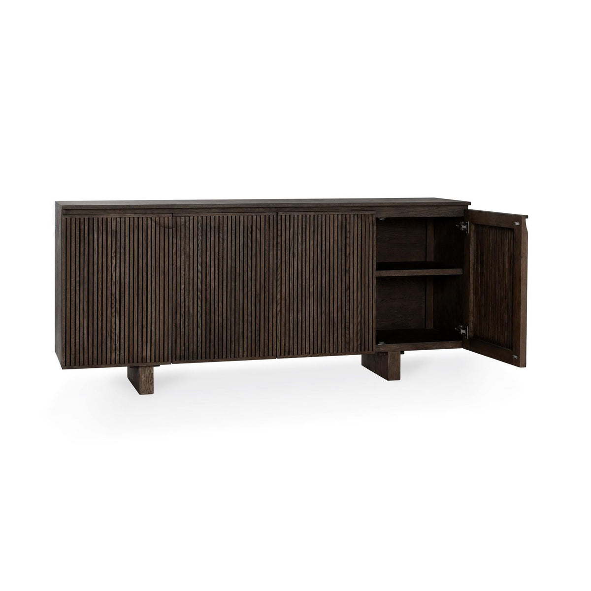 Roya cabinet, toasted brown, open door reveals interior shelf and hinged storage space