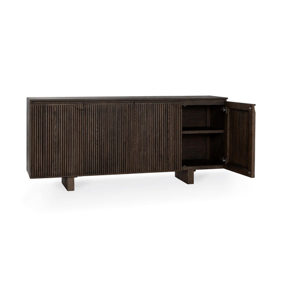 Roya cabinet, toasted brown, open door reveals interior shelf and hinged storage space