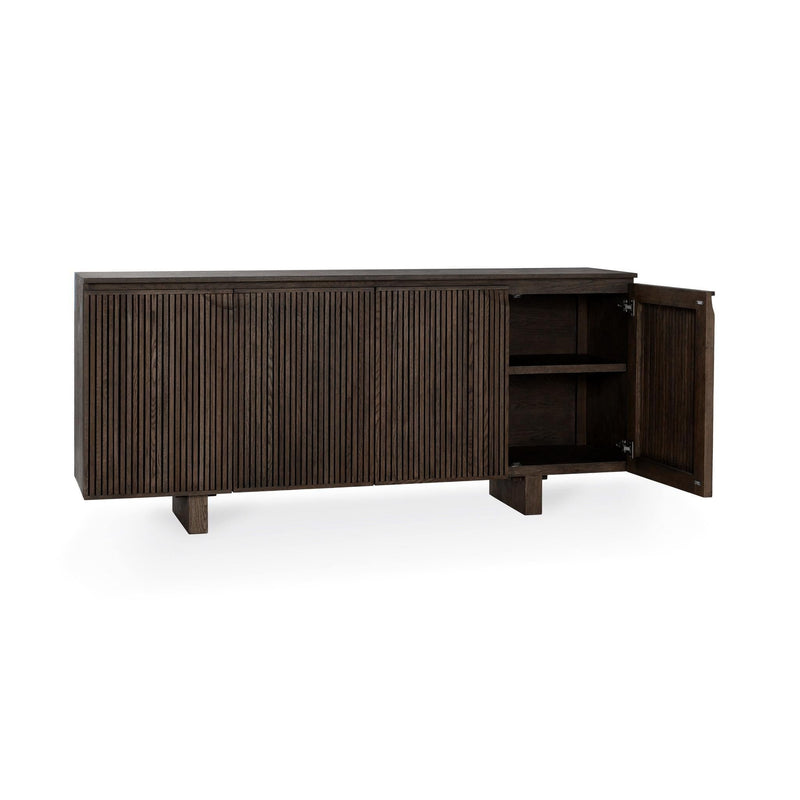 Roya cabinet, toasted brown, open door reveals interior shelf and hinged storage space