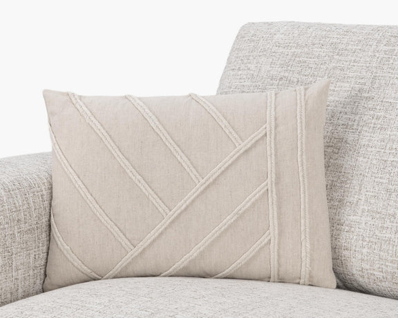 Langdon pillow with natural fabric and diagonal stitched lines plus raised stripe trim