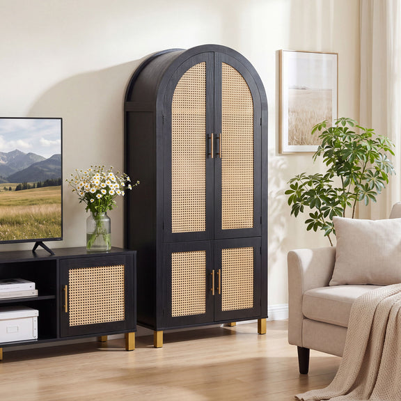 Tall arched cabinet with rattan front doors and dark frame, adjustable shelves