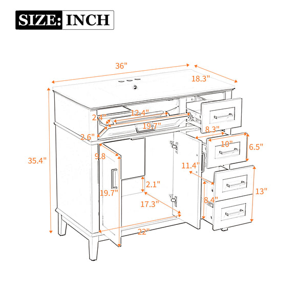 Bathroom vanity size diagram with labeled dimensions, open-door and drawer layout