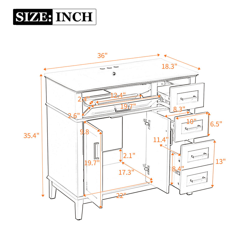 Bathroom vanity size diagram with labeled dimensions, open-door and drawer layout