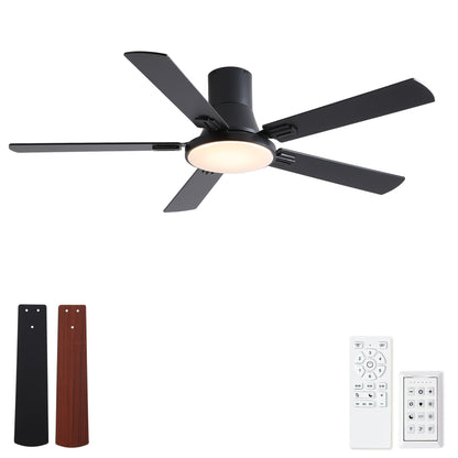 Black flush-mount ceiling fan with LED light and five blades