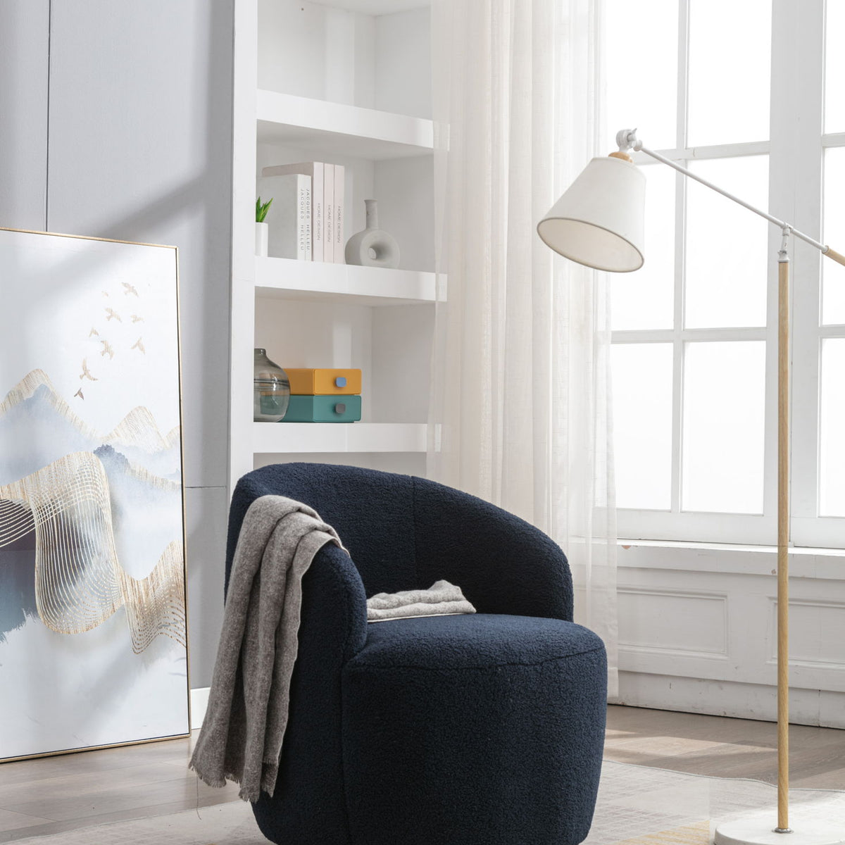 Teddy Fabric Swivel Accent Armchair Barrel Chair With Powder Coating Metal Ring