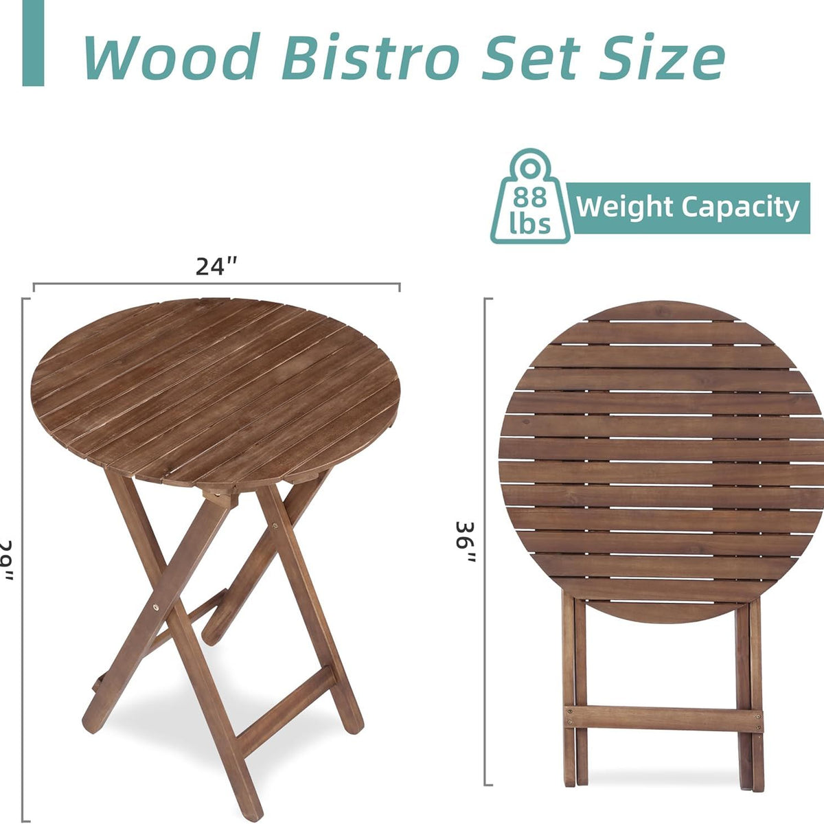 3 Piece Acacia Bistro Set, Folding Patio Furniture With 1 Coffee Table And 2 Foldable Chairs