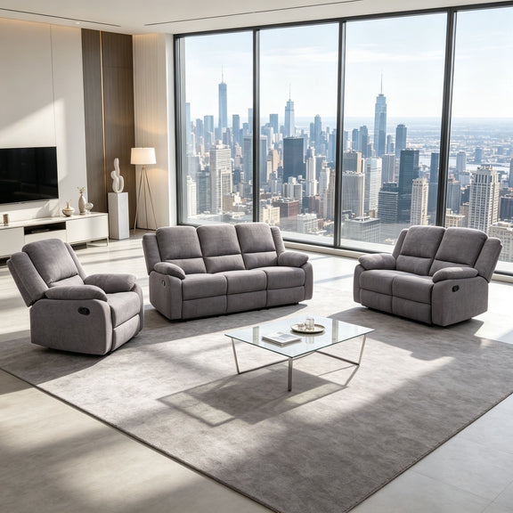 Gray reclining sofa set with center loveseat and two single recliners, padded armrests