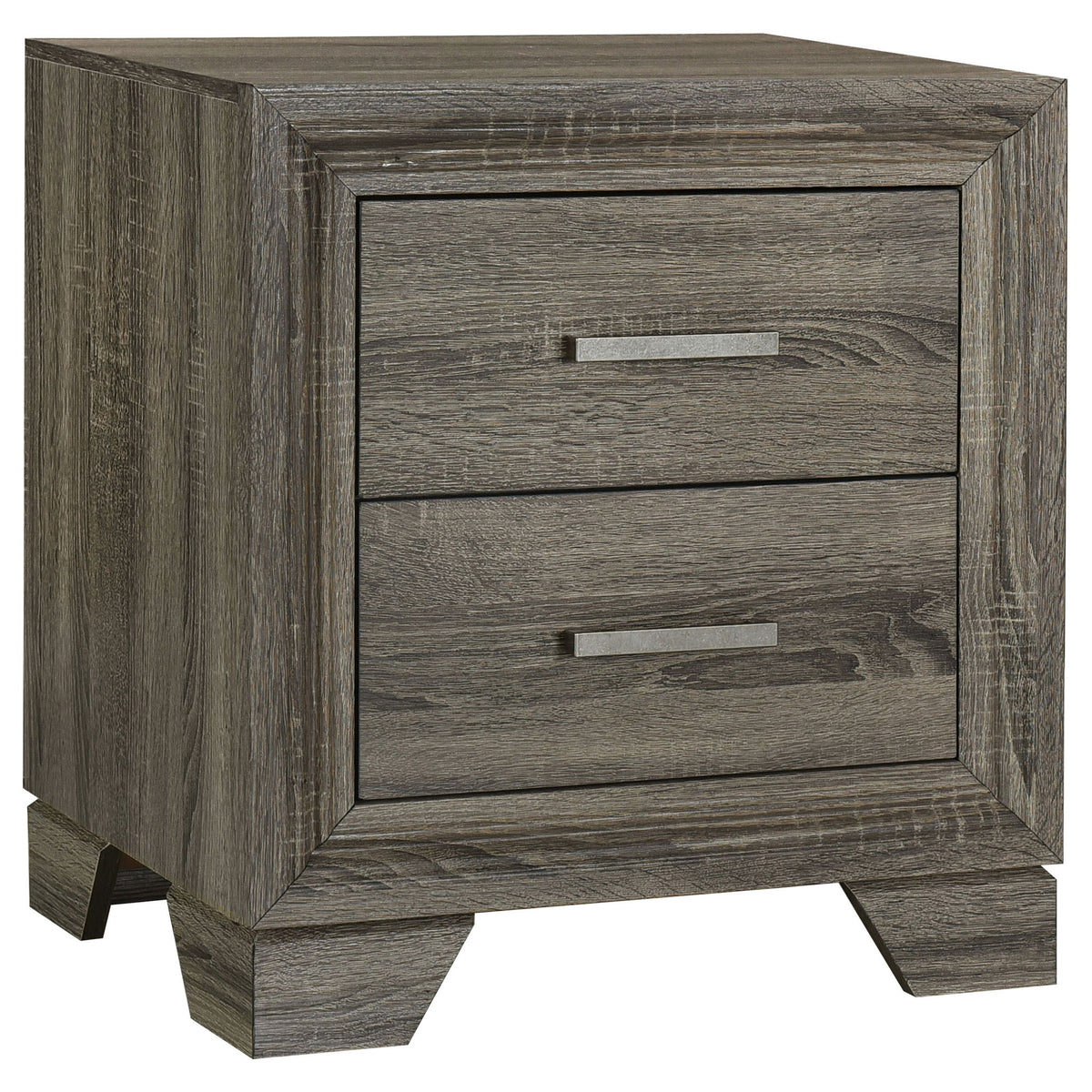 Funston 2-drawer nightstand in gray-brown oak with metal bar pulls, front view