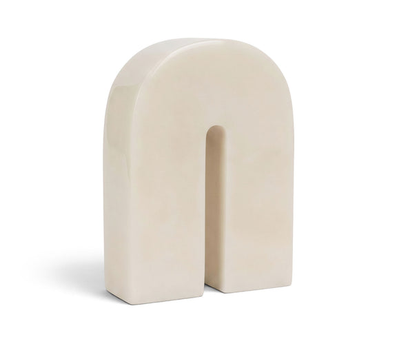 Ivory white marble bookend with arched cutout, smooth stone finish