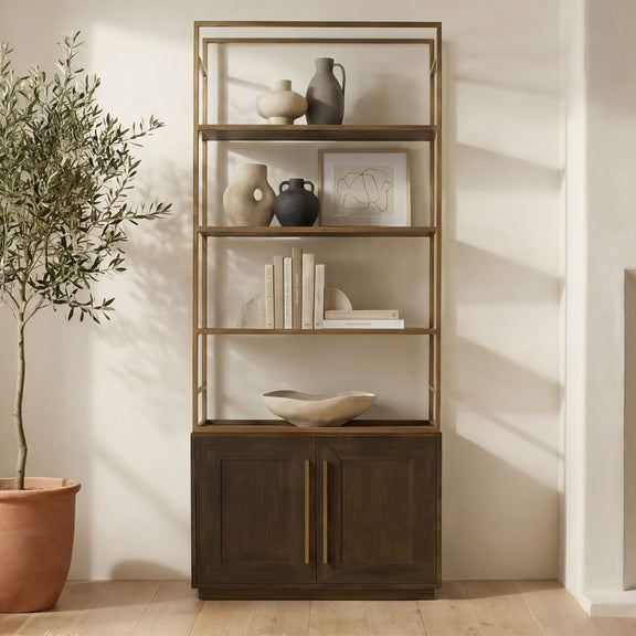 Brown oak etagere-style bookshelf with open shelves and lower two-door cabinet