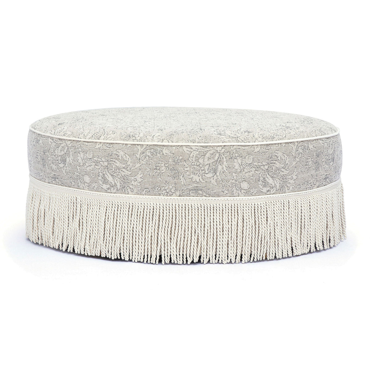 Tassy - Floral Tasseled Round Ottoman - Neutral