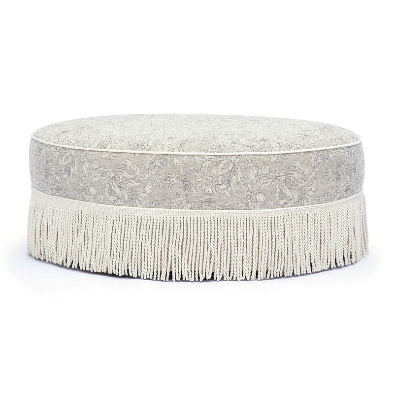 Tassy - Floral Tasseled Round Ottoman - Neutral