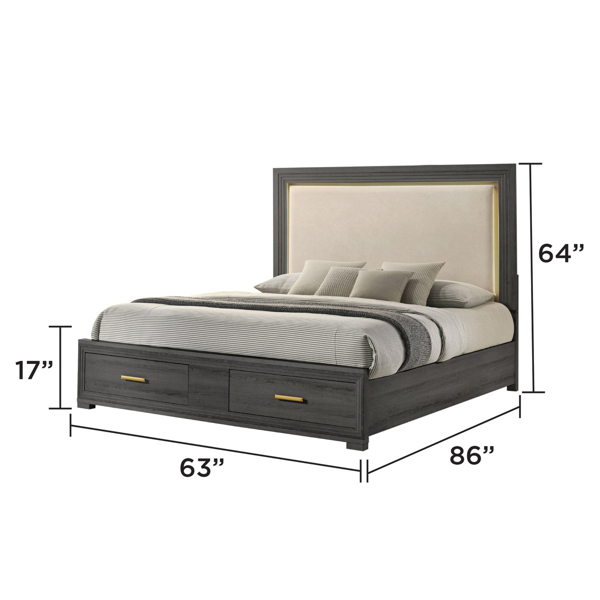 Dark gray upholstered LED headboard bed frame with dimensions 63 in W x 86 in L